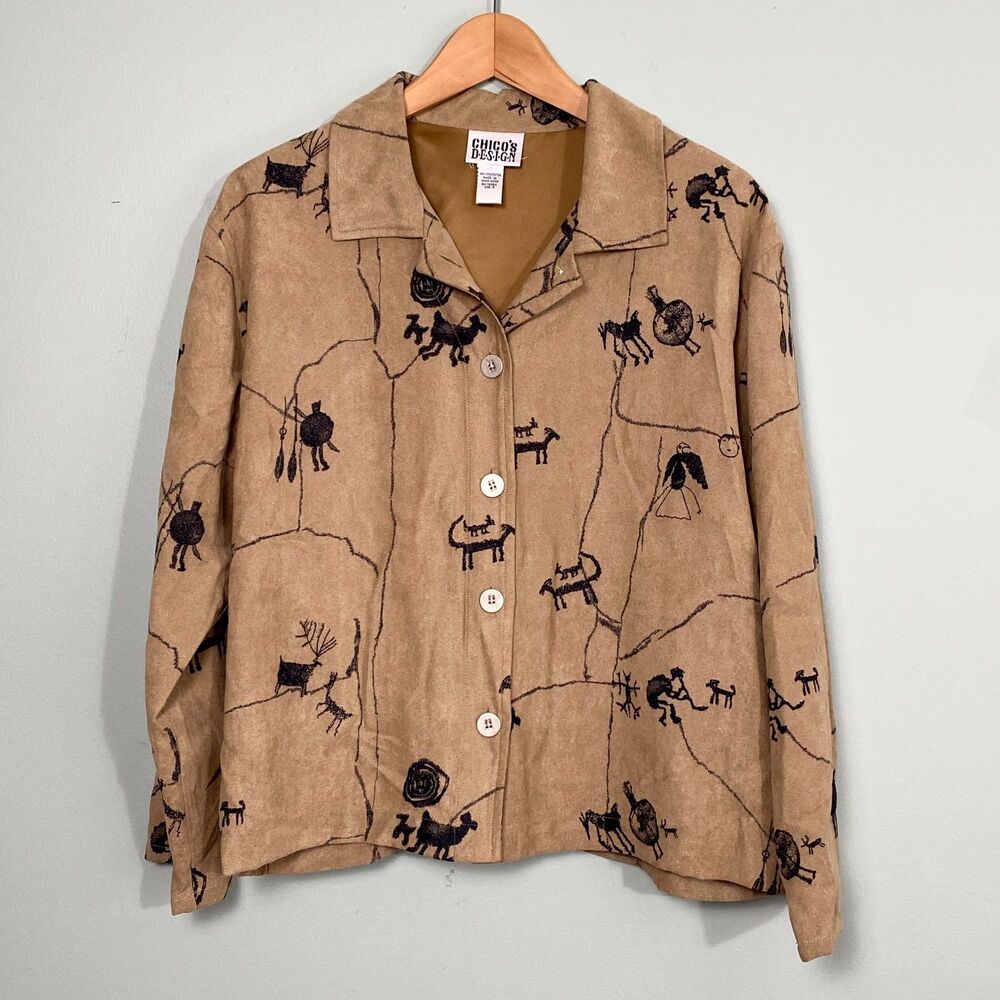 Chicos Kokopelli Top Shirt Womens Large 2 Faux Suede Button Up Southwest Vintage